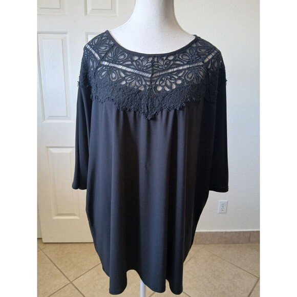 Terra & Sky Women's Plus Size Black Lace‎ Detail Dolman Sleeve Top Size 2X Basic - Picture 1 of 14